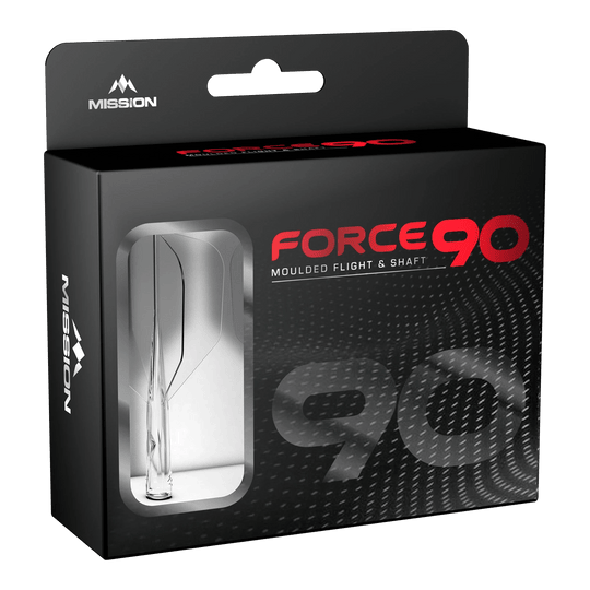 Die Abbildung zeigt die Verpackung des Produkts „Mission Force 90 No6 Flight-Shaft-System - Clear“. In der schwarzen Box mit Sichtfenster ist das transparente Flight-Shaft-System zu erkennen.