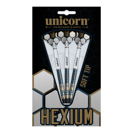 Freccette morbide Unicorn Hexium Style 02 Blu e Oro - 21 g Unicorn Hexium Style 02 Blue & Gold Softdarts - 21g besticht durch sein modernes Design. Die stilvollen Softdarts sind ideal für Dartbegeisterte.