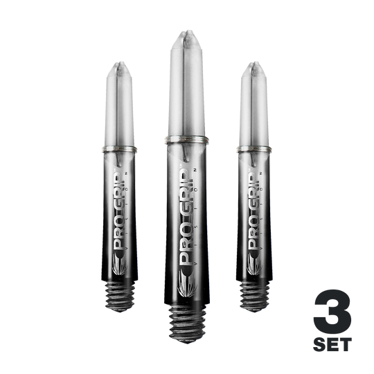 Aste Target Pro Grip Vision - 3 set - Nero Das Bild zeigt drei schwarze Pro Grip Vision Shafts für Darts. Unten rechts steht "3 Set", was auf ein Set mit drei Stück hinweist.