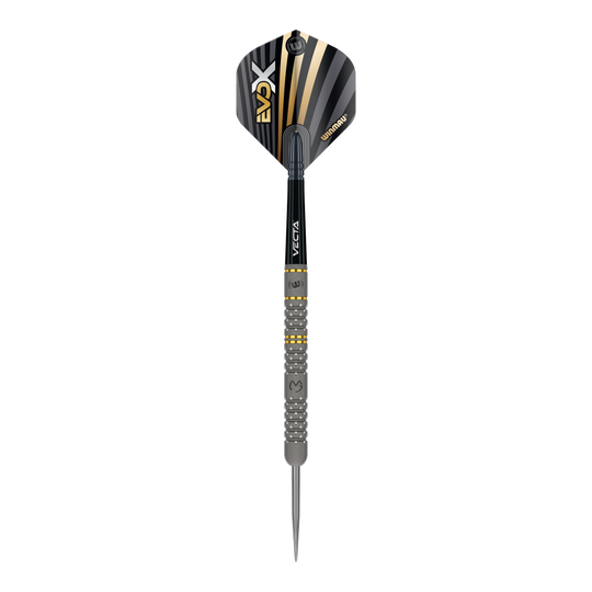 Freccette in acciaio Winmau Michael Van Gerwen Evo-X Dies ist ein Winmau Michael Van Gerwen Evo-X Steeldart. Der Dartpfeil hat ein schwarz-goldenes Design und eine strukturierte Griffzone.