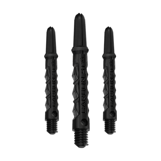 HR435_Harrows_Carbon_ST_Shafts_Schwarz_40mm_1 Das Bild zeigt drei schwarze Harrows Carbon ST Shafts. Sie sind unterschiedlich lang und bestehen aus robustem Material für Dartpfeile.