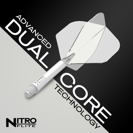 Voli Red Dragon Nitroflite - White Shaft Clear No2 Das Bild zeigt das Produkt "Red Dragon Nitroflite - White Shaft Clear No2 Flights". Auf dem Bild sind die Begriffe "Advanced Dual Core Technology" sowie das Produkt selbst gut sichtbar.
