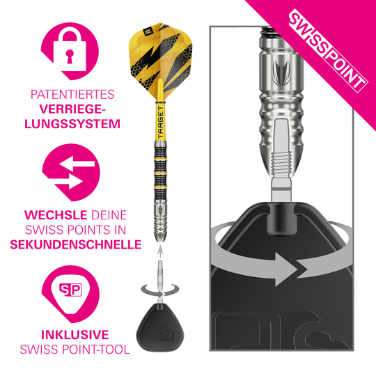 Freccette in acciaio Target Buzz 02 Swiss Points Auf dem Foto sind die Target Buzz 02 Swiss Points Steeldarts zu sehen. Das Produkt wird frontal präsentiert.