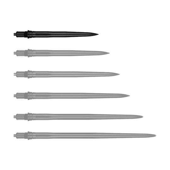 Punte per freccette Caliburn EZ-EVO - Lisce - Nere Das Bild zeigt schwarze Dartspitzen mit glatter Oberfläche, vermutlich 28 mm lang. Die Datei trägt den Namen EVO181_Caliburn_EZ-EVO_Dartspitzen_Smooth_Schwarz_28mm_1.