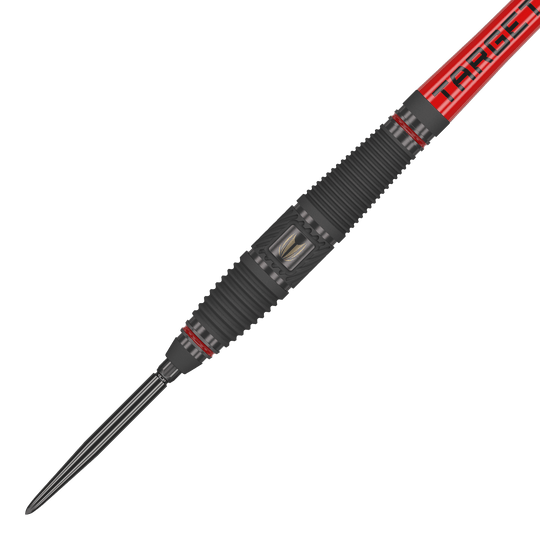 Freccette in acciaio Target Scope 03 Swiss Point Das Bild zeigt ein Target Scope 03 Swiss Point Steeldart mit schwarzem und rotem Design. Die Oberfläche des Darts ist geriffelt und hat Metallakzente für besseren Halt.