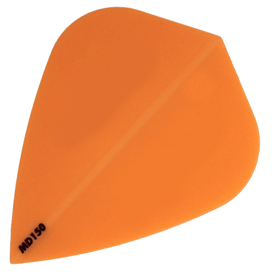 Das Bild zeigt das Produkt "McDart MD150 - Kite Flight", eine orangene Dart-Flugfeder. In der unteren linken Ecke steht die Bezeichnung "MD150".