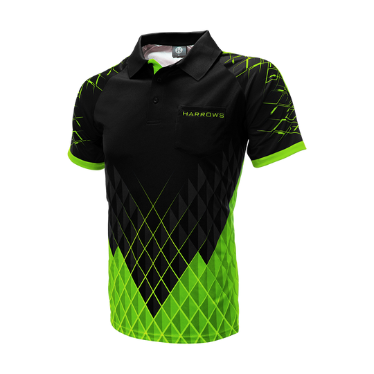 HRS-26333_Harrows_Paragon_Dartshirt_Gr-n_3 Harrows Paragon Dartshirt in auffälliger Farbe frontal gezeigt. Die Details des Shirts sind deutlich sichtbar.