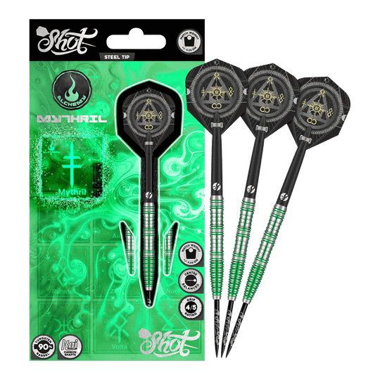Freccette in acciaio Mythril di Shot Alchemy Auf dem Bild sind die Shot Alchemy Mythril Steeldarts komplett zu sehen. Sie überzeugen durch ihre edle Optik.