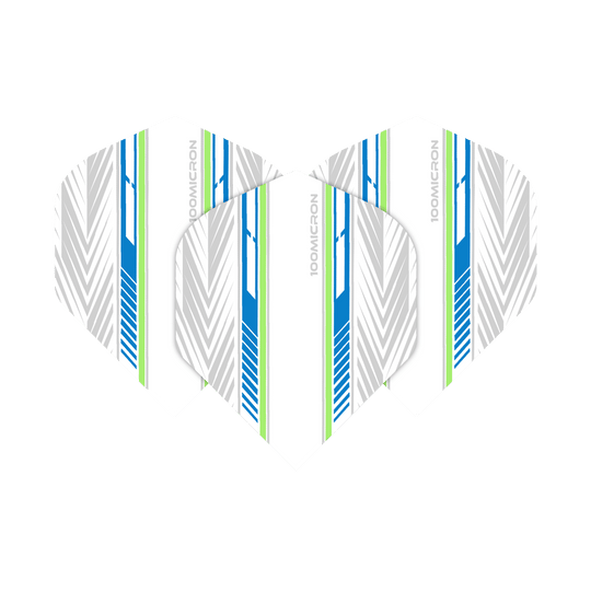 Das Bild zeigt die "Pentathlon White Blue Green No2 Standard Flights" mit einem modernen Design in Weiß, Blau und Grün. Die Flights haben ein Muster aus Linien und Pfeilen sowie den Aufdruck "100 MICRON".