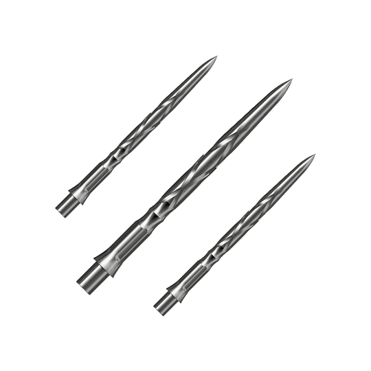 Punte per freccette in acciaio Caliburn System - HAN G2 - Argento Das Bild zeigt drei silberne Steeldartspitzen mit einer gedrehten Oberflächenstruktur. Sie sind spitz zulaufend und für den Einsatz in Dartpfeilen geeignet.