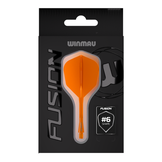 Sistema di alberi di volo a fusione Winmau n. 6 arancione neon Das Bild zeigt das Winmau Fusion Flight-Shaft-System No6 in Neon Orange. Dieses System verbindet Flight und Shaft zu einer stabilen Einheit für Dartpfeile.