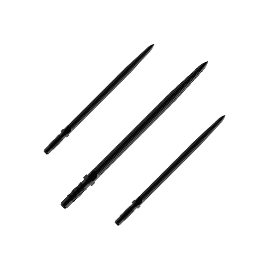 Abgebildet ist ein Produkt mit dem Namen BU57705_BullsNL_Convertible_Points_MicroGrip_Schwarz_36mm_1Set. Es handelt sich um schwarze umwandelbare Dartspitzen mit MicroGrip in 36 mm Länge.