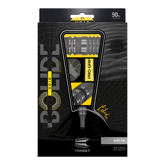 Target Bolide Void 10 freccette morbide Das Bild zeigt die Verpackung der "Target Bolide Void 10 Softdarts". Die Verpackung ist schwarz-gelb gestaltet und hebt die Darts mit 90% Tungsten-Anteil hervor.