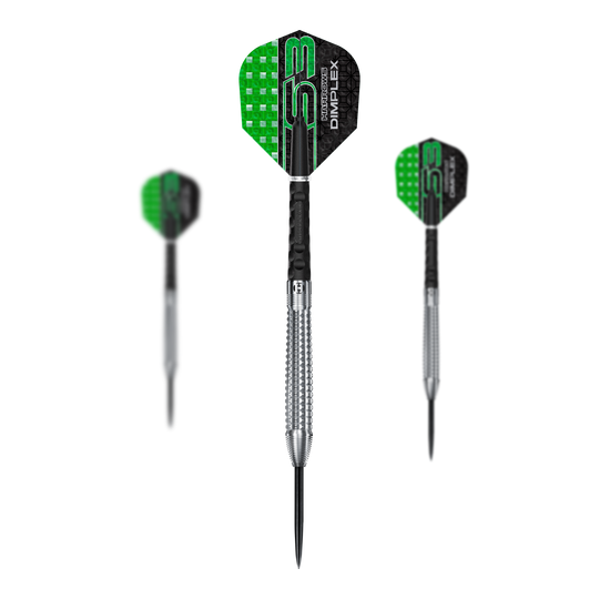 Freccette in acciaio conico Harrows Dimplex S3 Das Bild zeigt drei Steeldarts der Marke "Harrows Dimplex S3 Tapered". Die Flights sind schwarz-grün und die Barrel sind silberfarben mit einer geriffelten Struktur.