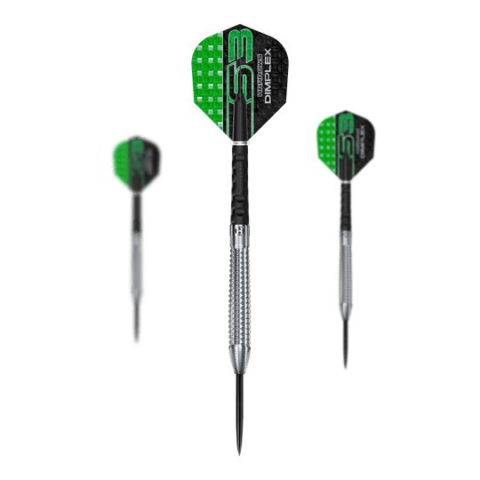 Freccette in acciaio conico Harrows Dimplex S3 Harrows Dimplex S3 Tapered Steeldarts sind als Set abgebildet. Die Oberfläche ist klar strukturiert.