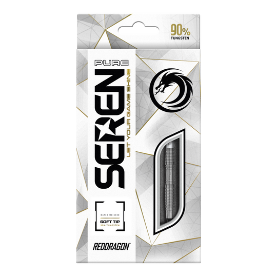 Red Dragon Seren 3 Pure Softdarts - 20 g Die Abbildung zeigt die Verpackung der "Red Dragon Seren 3 Pure Softdarts - 20g". Auf der Vorderseite steht, dass die Darts 90% Tungsten enthalten und für Soft-Tip geeignet sind.