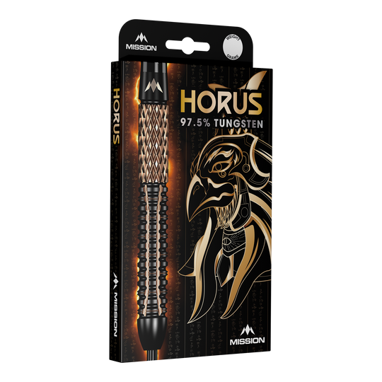 Missione Horus Steeldarts Die Verpackung zeigt die Mission Horus Steeldarts mit einem stilisierten Horus-Kopf im Hintergrund. Auf der Packung steht, dass die Darts aus 97,5 % Tungsten bestehen.