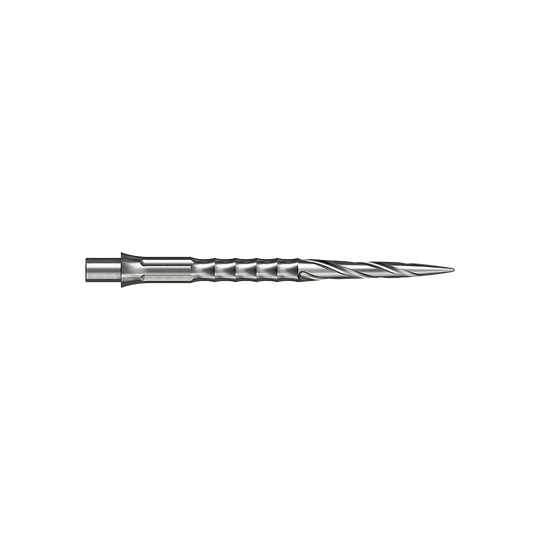 Punte per freccette in acciaio Caliburn System - Spiro - NoLip - argento Zwei silberne Steeldartspitzen werden gezeigt. Sie sind 32 mm lang und gehören zum Spiro NoLip Design.