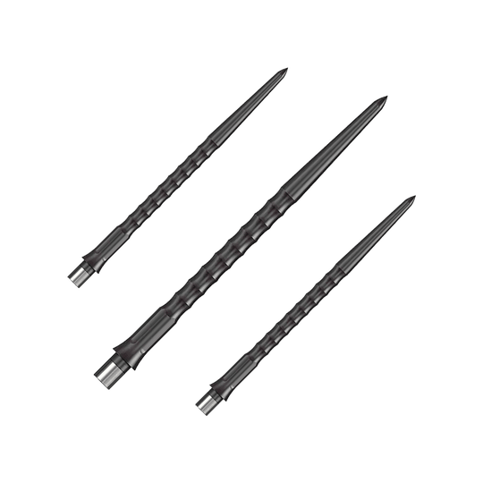 Punte Caliburn System Steeldart - Ripple - NoLip - Nere Das Foto zeigt ein Set schwarzer Caliburn Evo System Steeldartspitzen mit 40 mm Länge. Es sind mehrere Spitzen nebeneinander abgebildet.
