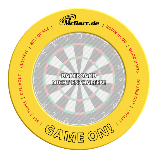 Gioco McDart sul bersaglio delle freccette Das Bild zeigt das Produkt mit dem Dateinamen MSF-B4_McDart_Game_On_Dartboard_Surround_Gelb_3. Es ist ein Dartboard-Surround in Gelb.