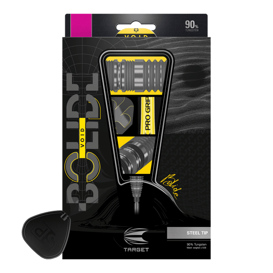 Freccette in acciaio Target Bolide Void 03 Swiss Point Das Bild zeigt die Verpackung der "Target Bolide Void 03 Swiss Point Steeldarts". Die Darts bestehen zu 90 % aus Tungsten und haben eine Stahspitze.