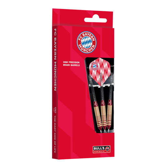 Freccette in acciaio e ottone Bulls FC Bayern Monaco - 21 g Das Bild zeigt die Bulls FC Bayern München Brass Steeldarts mit 21 Gramm Gewicht. Die Darts sind im Design des Fußballvereins FC Bayern München gehalten.