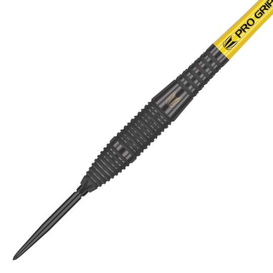 Freccette in acciaio Target Bolide Void 05 Swiss Point Das Bild zeigt einen Target Bolide Void 05 Swiss Point Steeldart. Der Dart hat eine schwarze, gerillte Oberfläche und einen gelben Schaft mit der Aufschrift "Pro Grip".