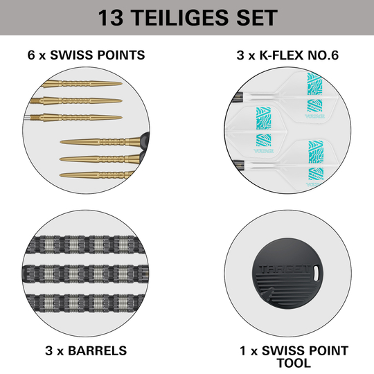Freccette Target Rob Cross 95K Swiss Point Steel Das Bild zeigt das 13-teilige Set der Target Rob Cross 95K Swiss Point Steeldarts. Es enthält 6 Swiss Points, 3 K-Flex No.6 Flights, 3 Barrels und 1 Swiss Point Tool.