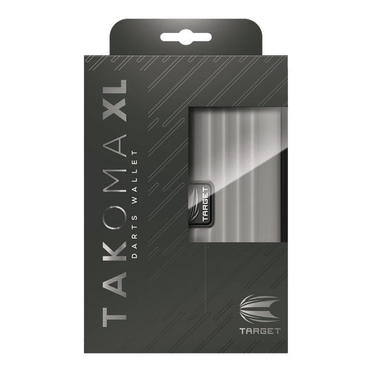 Portafoglio Target Takoma XL Dartwallet Die Abbildung zeigt eine Verpackung für ein Dart-Etui mit der Aufschrift "TAKOMA XL DARTS WALLET". Die Verpackung ist grau und bietet durch ein Sichtfenster einen Blick auf das darin enthaltene Etui.