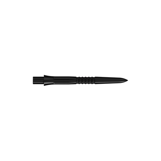 Schwarze Steeldartspitzen, 26 mm lang. Das Bild zeigt die Misson Caliburn EVO GV1 Dartspitzen.