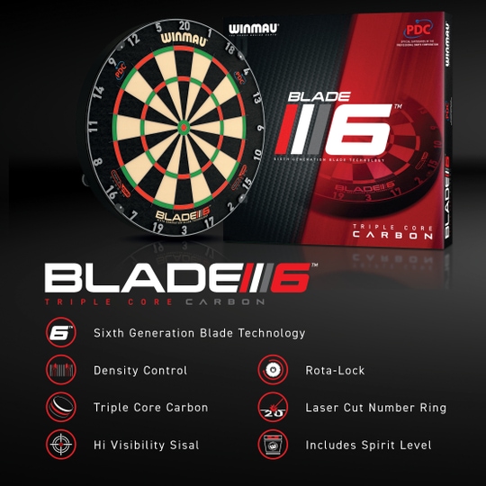 Winmau Blade 6 Triple Core Set con PDC Surround e 2 set di freccette Dargestellt ist das Winmau Blade 6 Triple Core Set mit PDC Surround und 2 Sets Darts. Das Set bietet alles für einen gelungenen Dartsabend Zuhause.