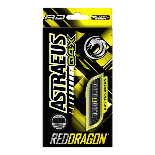 Red Dragon Astraeus Q4X Dardi Soft Paralleli - 20g Die Verpackung zeigt die Softdarts "Red Dragon Astraeus Q4X Parallel" mit einem Gewicht von 20 Gramm. Das Design ist hauptsächlich in Schwarz und Gelb gehalten und hebt hervor, dass die Darts zu 90% aus Tungsten bestehen.