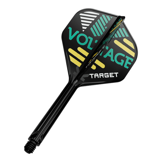 Sistema di alberi di volo standard Target K-Flex Rob Cross No2 Dieses Bild zeigt eine schwarze Dartflügel- und Schaftkombination. Auf dem Dartflügel stehen die Wörter "VOLTAGE" und "TARGET" in bunten Farben.