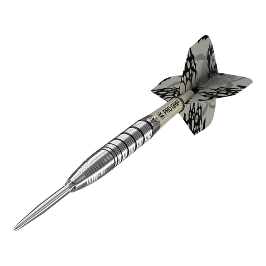 Freccette in acciaio Target EXO SP02 Swiss Point Das Bild zeigt den Target EXO SP02 Swiss Point Steeldart. Der Dart hat ein silbernes Griffstück mit schwarzen Akzenten und eine schwarz-gemusterte Flight.