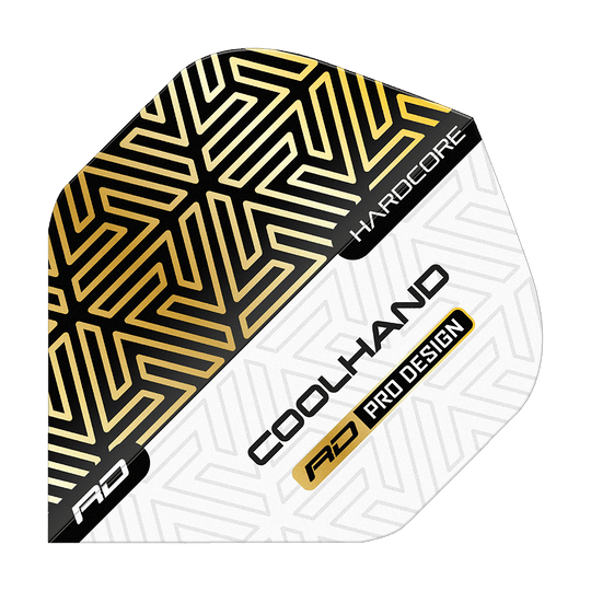 Voli standard premium Red Dragon Hardcore Luke Humphries Gold White Das Bild zeigt einen Dartflight mit gold-schwarzem und weißem geometrischen Muster. Auf dem Flight stehen die Worte "HARDCORE", "COOLHAND" und "RD PRO DESIGN".