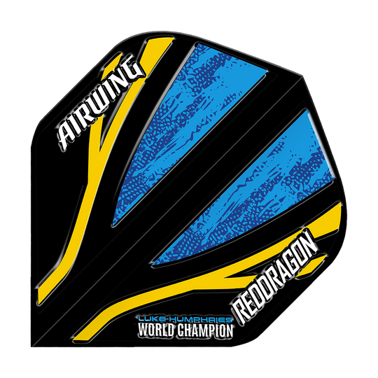 Red Dragon Airwing Luke Humphries Campione del mondo Voli standard neri e blu Das Bild zeigt ein Dart-Flight mit schwarzem, blauem und gelbem Design. Auf dem Flight stehen die Wörter "AIRWING", "REDDRAGON" und "LUKE HUMPHRIES WORLD CHAMPION".
