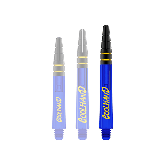 Alberi Red Dragon Nitrotech Luke Humphries Coolhand - Blu Das Bild zeigt drei blaue Dartschäfte mit der gelben Aufschrift "COOLHAND". Die Spitzen der Schäfte sind schwarz mit goldenen Ringen verziert.