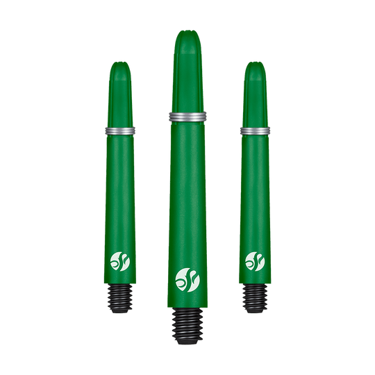 Aste Shot Koi Carbon - Verde Das Bild zeigt Dart-Schäfte mit mattem Farbton und langer Form. Die Schäfte sind in einer Verpackung angeordnet.