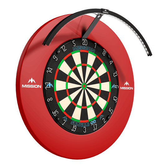 Das Foto zeigt das Mission Torus 120 LED Beleuchtungssystem in schwarzer Farbe. Das Produkt ist für eine gleichmäßige Ausleuchtung des Dartboards konzipiert.