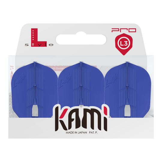 Alette L-Style KAMI L3PRO Das Bild zeigt eine Verpackung mit drei blauen Dart-Flights der Marke L-Style. Auf der Verpackung steht "kami" und "Made in Japan".
