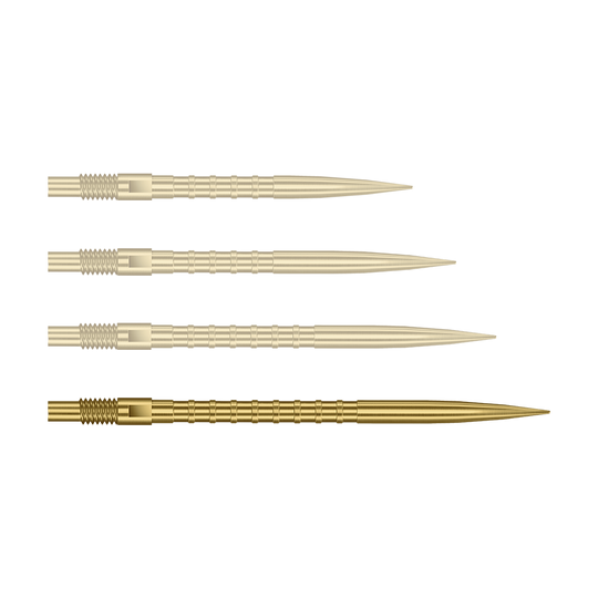 Auf dem Bild ist eine einzelne Harrows Quick Point Heavy Metal Grip Dartspitze in Gold, 40 mm, zu sehen. Die Spitze liegt im Fokus vor hellem Hintergrund.
