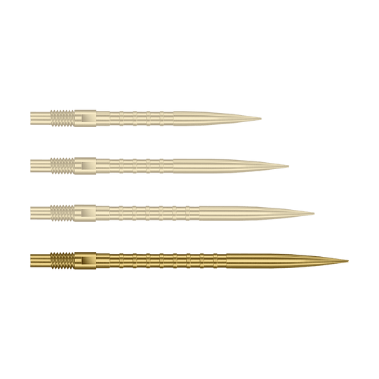 Punte per freccette Harrows Quick Point Heavy Metal - Oro Auf dem Bild ist eine einzelne Harrows Quick Point Heavy Metal Grip Dartspitze in Gold, 40 mm, zu sehen. Die Spitze liegt im Fokus vor hellem Hintergrund.