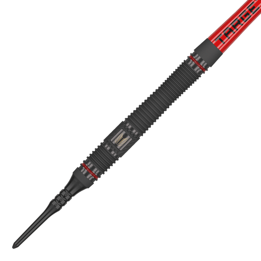 Target per mirino 11 freccette morbide Das Bild zeigt einen Target Scope 11 Softdart. Der Dartpfeil ist überwiegend schwarz mit roten Akzenten und einer geriffelten Oberfläche für besseren Halt.