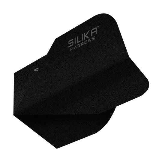Harrows Silice Solido Rivestimento cristallino resistente Volo nero No6 Das Bild zeigt ein schwarzes Dartflight mit der Aufschrift "SILIKA HARROWS". Es handelt sich um das Modell "Harrows Silika Solid Tough Crystalline Coating Black No6 Flight".