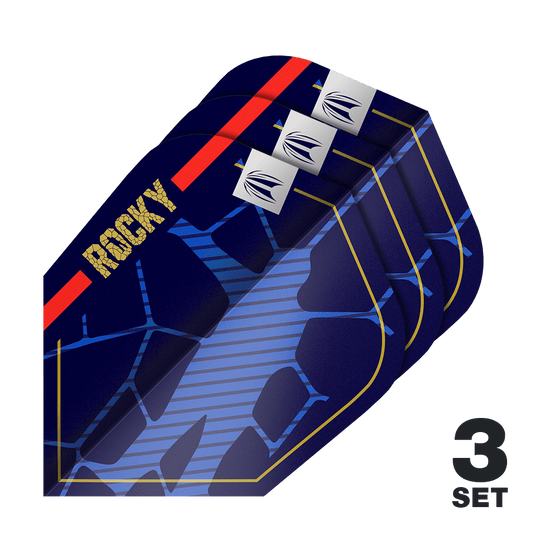 Target Pro Ultra Josh Rock GEN1 Ten-X Flights - 3 set Das Bild zeigt drei Sätze der Target Pro Ultra Josh Rock GEN1 Ten-X Flights. Die Flights sind dunkelblau mit goldenen, roten und blauen Akzenten und dem Schriftzug "ROCKY".