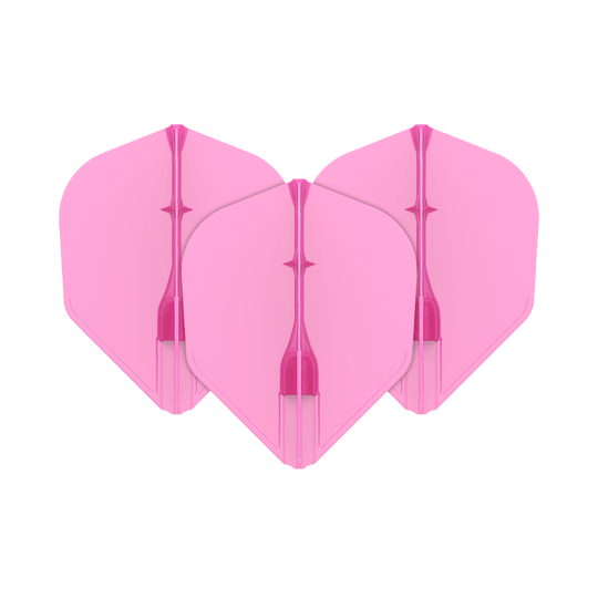 Voli L-L-Style3EZ Das Bild zeigt drei pinke Dartflights, die nebeneinander angeordnet sind. Sie haben eine standardisierte, rautenähnliche Form und sind einheitlich gefärbt.