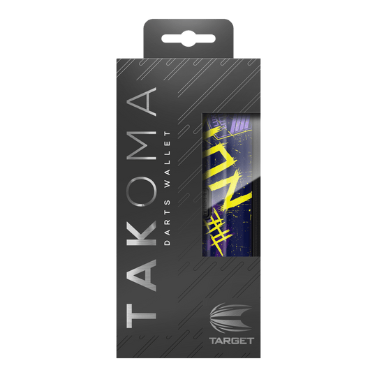 Custodia per freccette Target Takoma Luke Littler Die Abbildung zeigt die Verpackung des "Target Takoma Luke Littler Dartcase". Die Schachtel ist überwiegend schwarz mit silberner Schrift und einem Sichtfenster, das einen Teil des Dartcase-Designs zeigt.