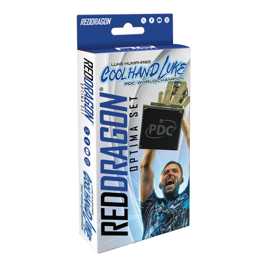 Pacchetto accessori Optima di Luke Humphries del Red Dragon Die Verpackung zeigt das Produkt "Red Dragon Luke Humphries Optima Zubehör Pack". Auf der Vorderseite ist ein jubelnder Luke Humphries und ein Pokal abgebildet.