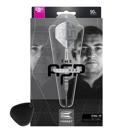 Freccette in acciaio Target Nathan Aspinall X Echo Swiss Point Die Verpackung zeigt die Target Nathan Aspinall X Echo Swiss Point Steeldarts. Auf der Vorderseite sind ein Dartpfeil und das Porträt eines Mannes zu sehen.