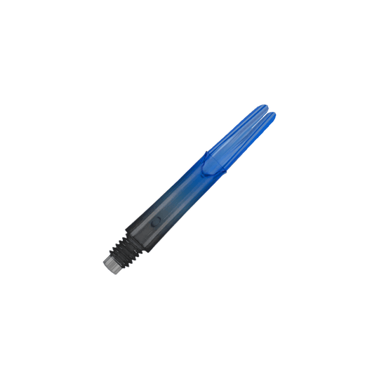 L-L-Style-Shaft Bloccato Dritto Natural9 TwoTone Shafts - Blu Auf dem Bild ist ein blauer, transparenter Dart-Schaft zu sehen. Der Schaft hat ein gerades Design und ein schwarzes Gewinde am unteren Ende.